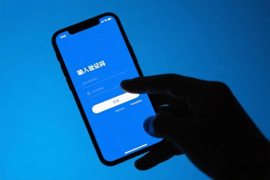 一只手正拿着手机，屏幕上显示输入验证码的界面，背景为安全感十足的蓝色