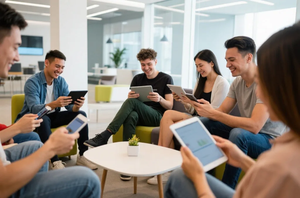 一群用户在现代化的休闲空间中愉快地使用平板电脑和手机，享受流畅的娱乐平台
