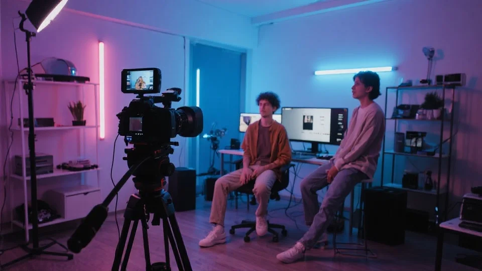 年轻创作者在现代工作室内拍摄短视频，场景活力十足，设备先进