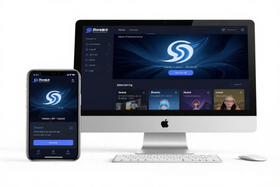 桌面电脑与移动设备并排展示，分别显示风暴娱乐网页版和客户端的操作界面